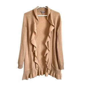Charter Club 100% Cashmere Cardigan Sweater Tan Ruffled Open Old Money XS
